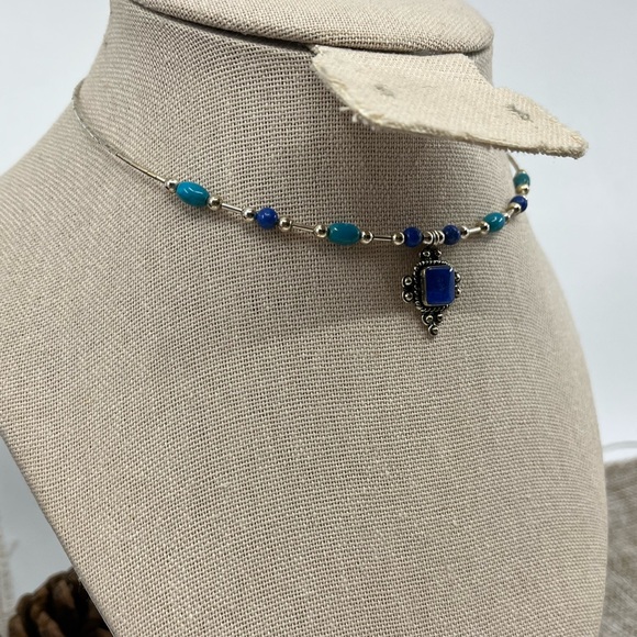 Vintage Southwestern Flexible Sterling Silver Necklace with Lapis & Turquoise - Picture 7 of 15